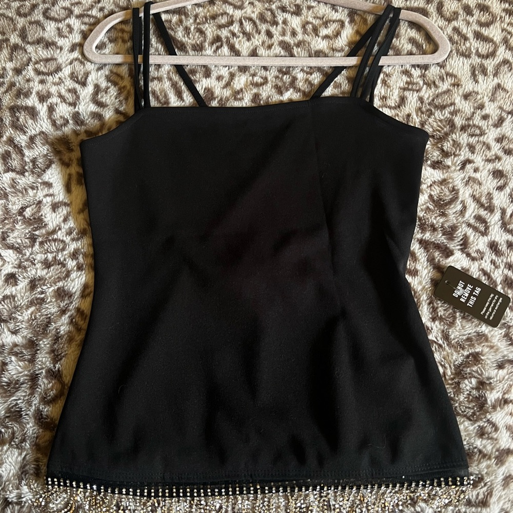 Rhinestone Fringe Crisscross Back Blouse